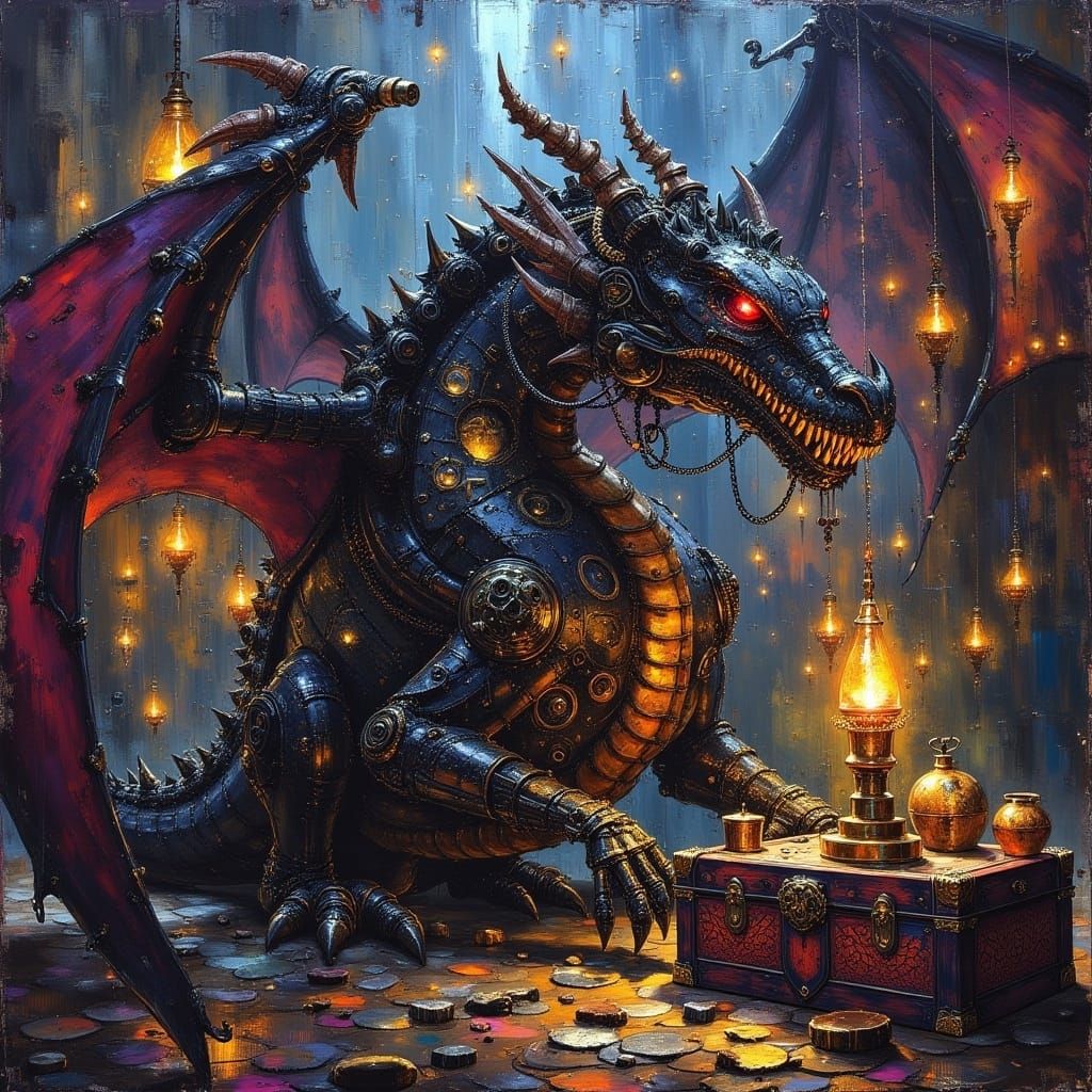 <lora:MJ6:1.0> 
A mechanical clockwork dragon guarding a treasure trove in a steampunk world expressionism painting, the overall style has...