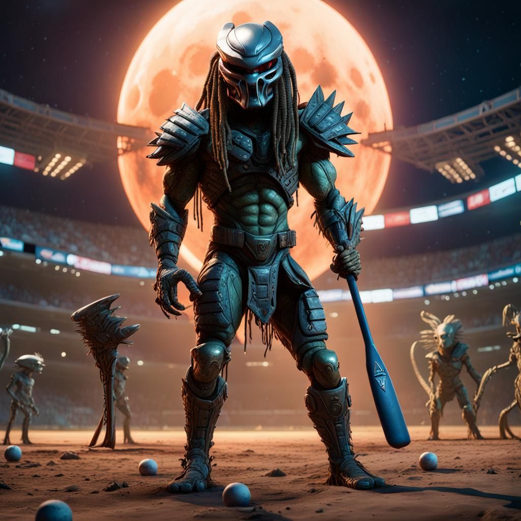 Predator wearing a baseball uniform   standing with a bat in a baseball diamond on the moon with alien ...  by @Zandor67