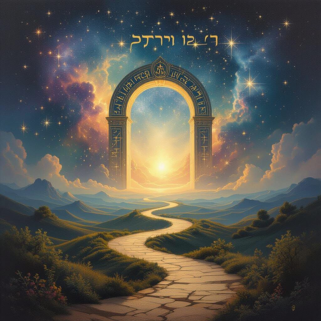 Surreal Celestial Gateway Painting with Hebrew Constellation...