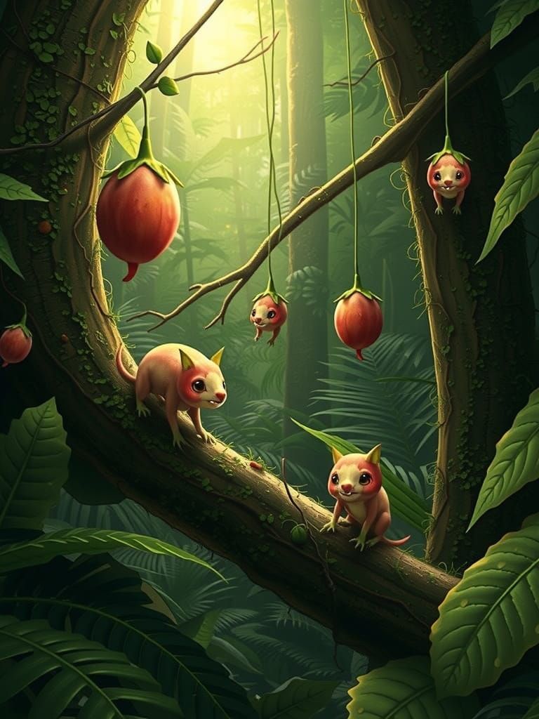 A group of creatures hanging from trees in a lush jungle. Some are in their open form, others in their closed form. When they are in their c...