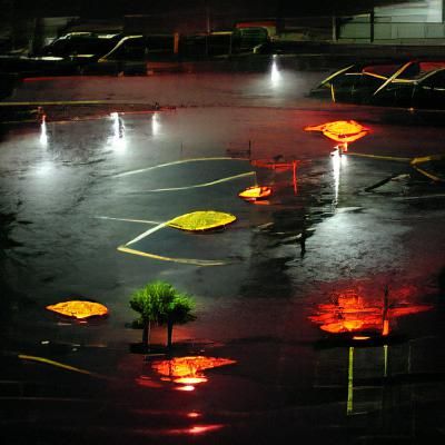 Lit rainy parking lot at night