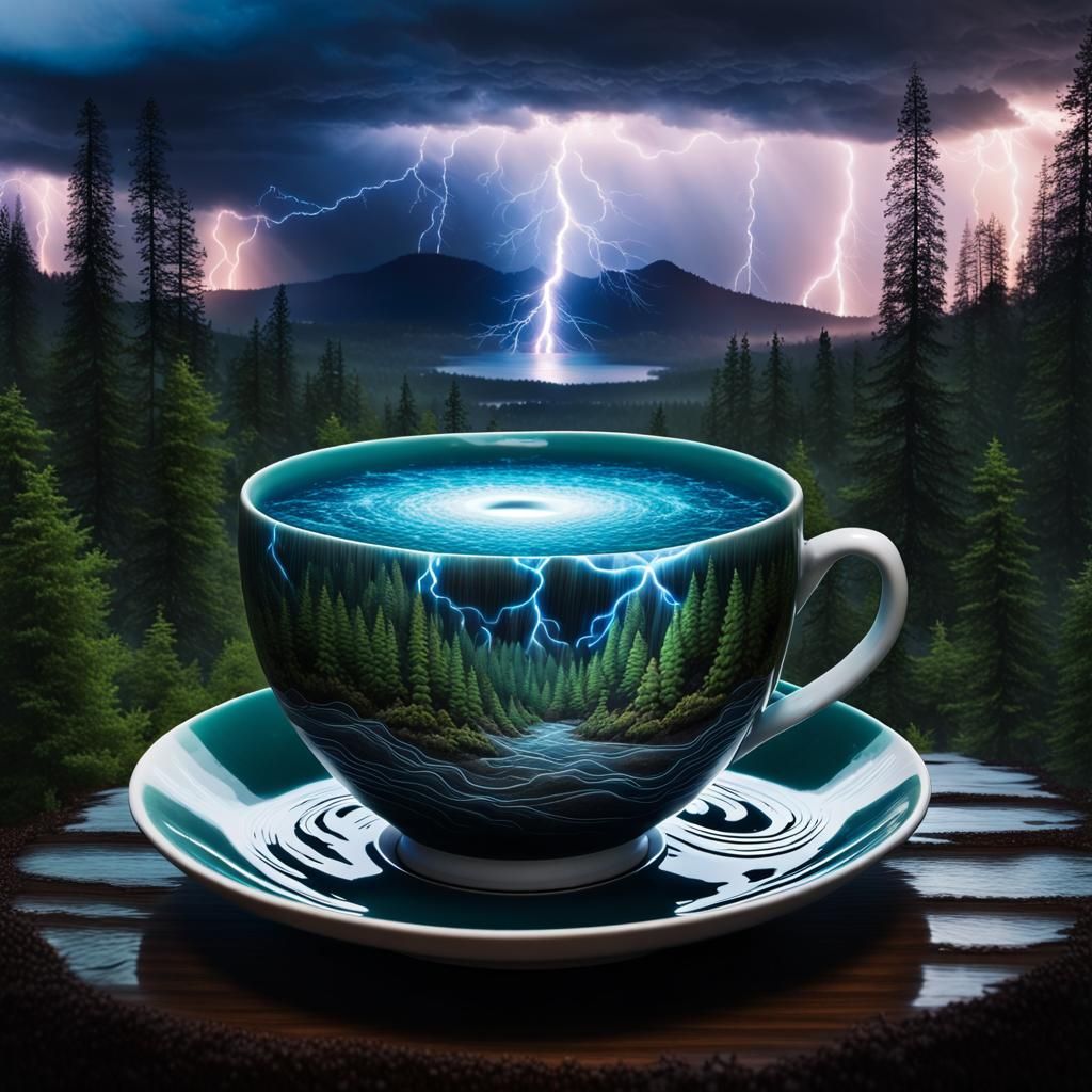 thunderstorm inside a teacup, with lightning swirling as rip...