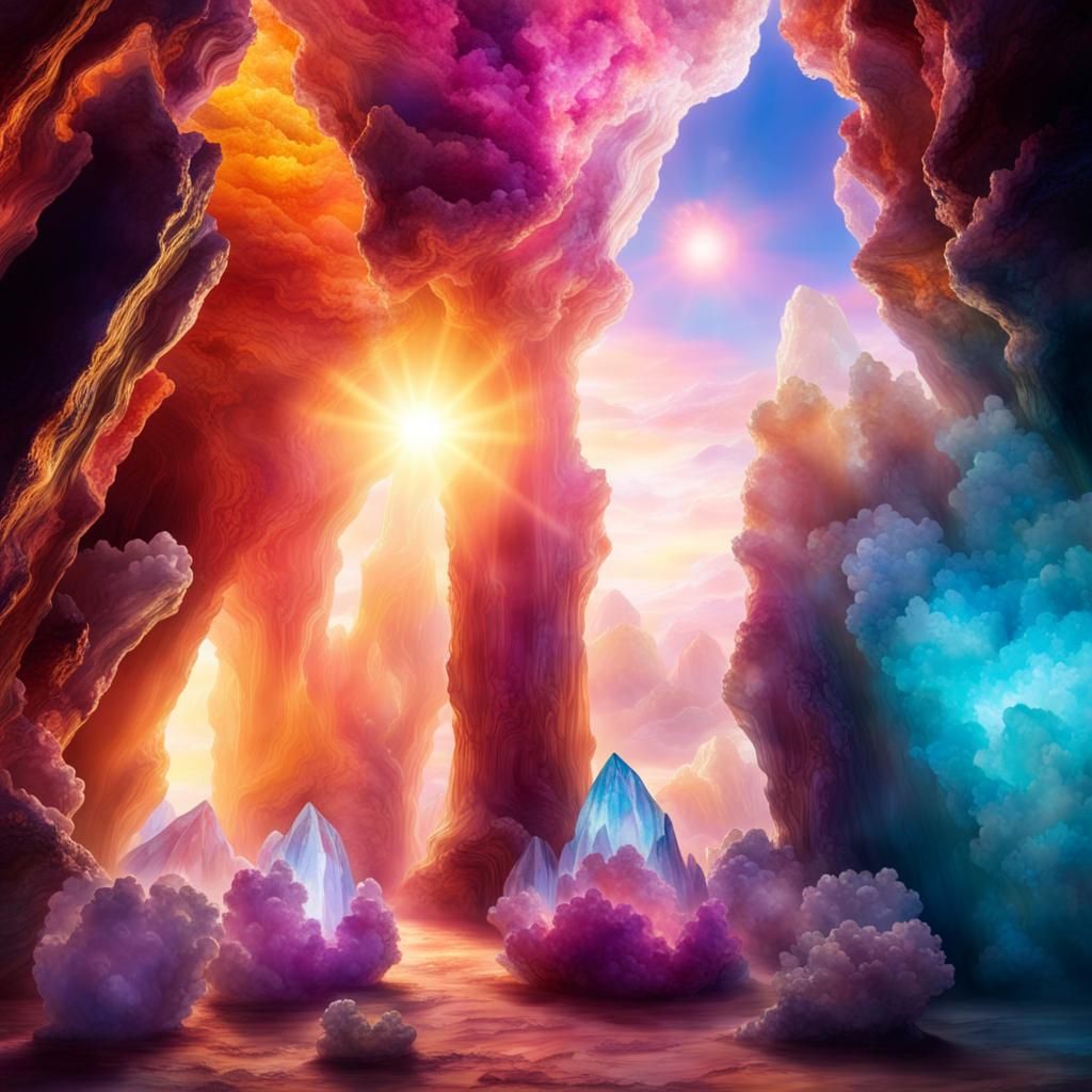 luminous cavern, sparkling geodes, with giant crystal formations, extremely colorful and iridescent.  by @Bobbles52