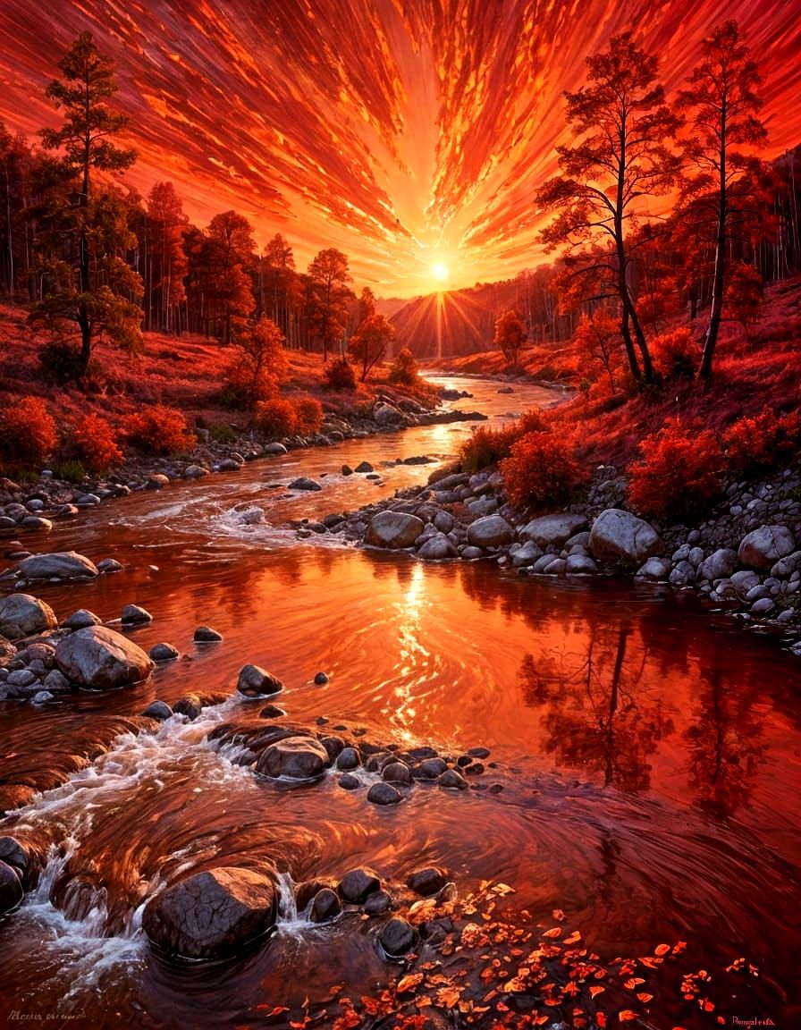 Impasto Cascade Hallucination red-tinged river reflecting a red sky