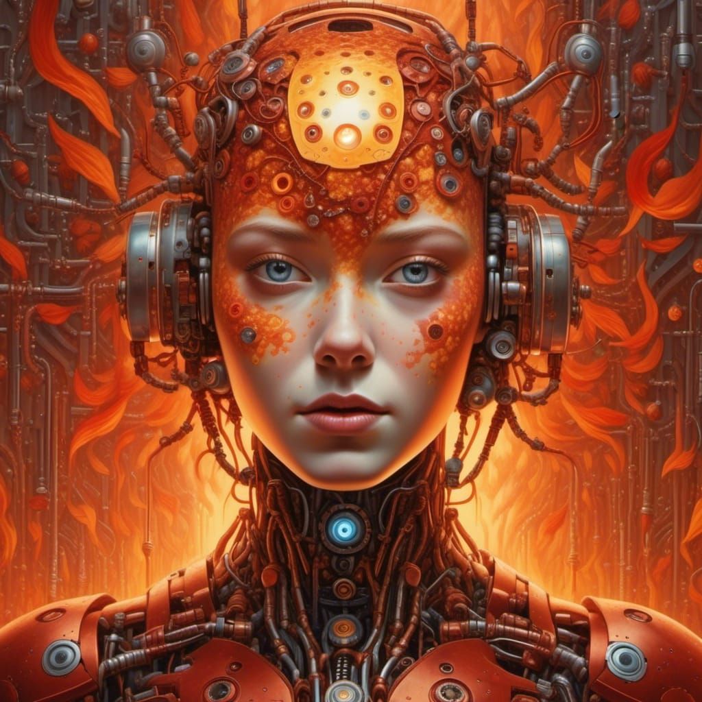 A close-up portrait, face illuminated by dancing flames, eyes shimmering like embers, skin aglow with warm hues of red, orange, and yellow....