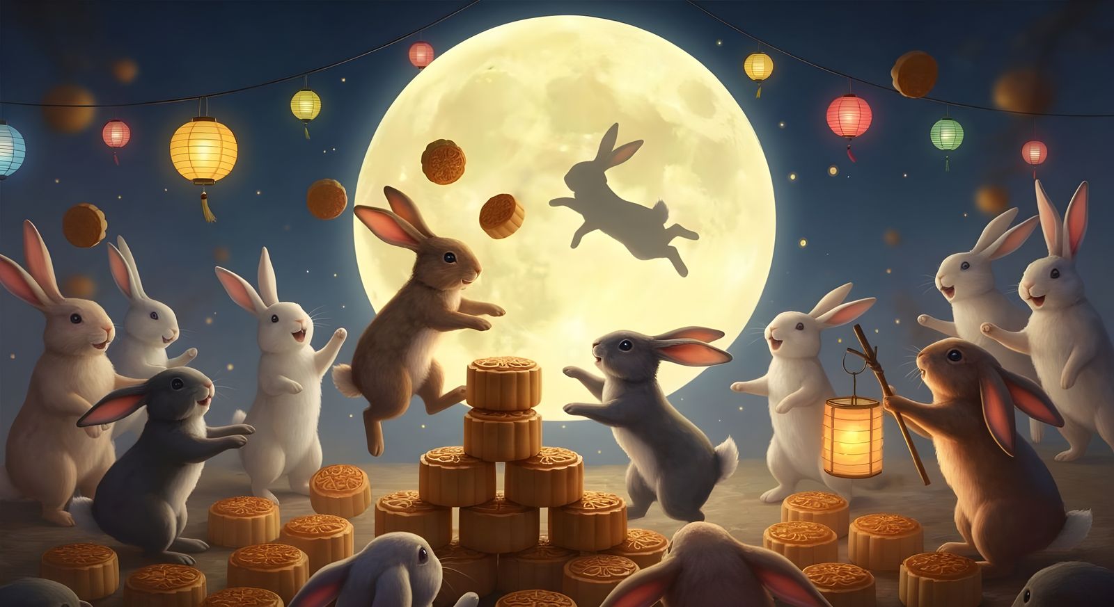 Whimsical Moon Bunnies with Mooncakes at the Mid-Autumn Festival  by @Gary Murakami