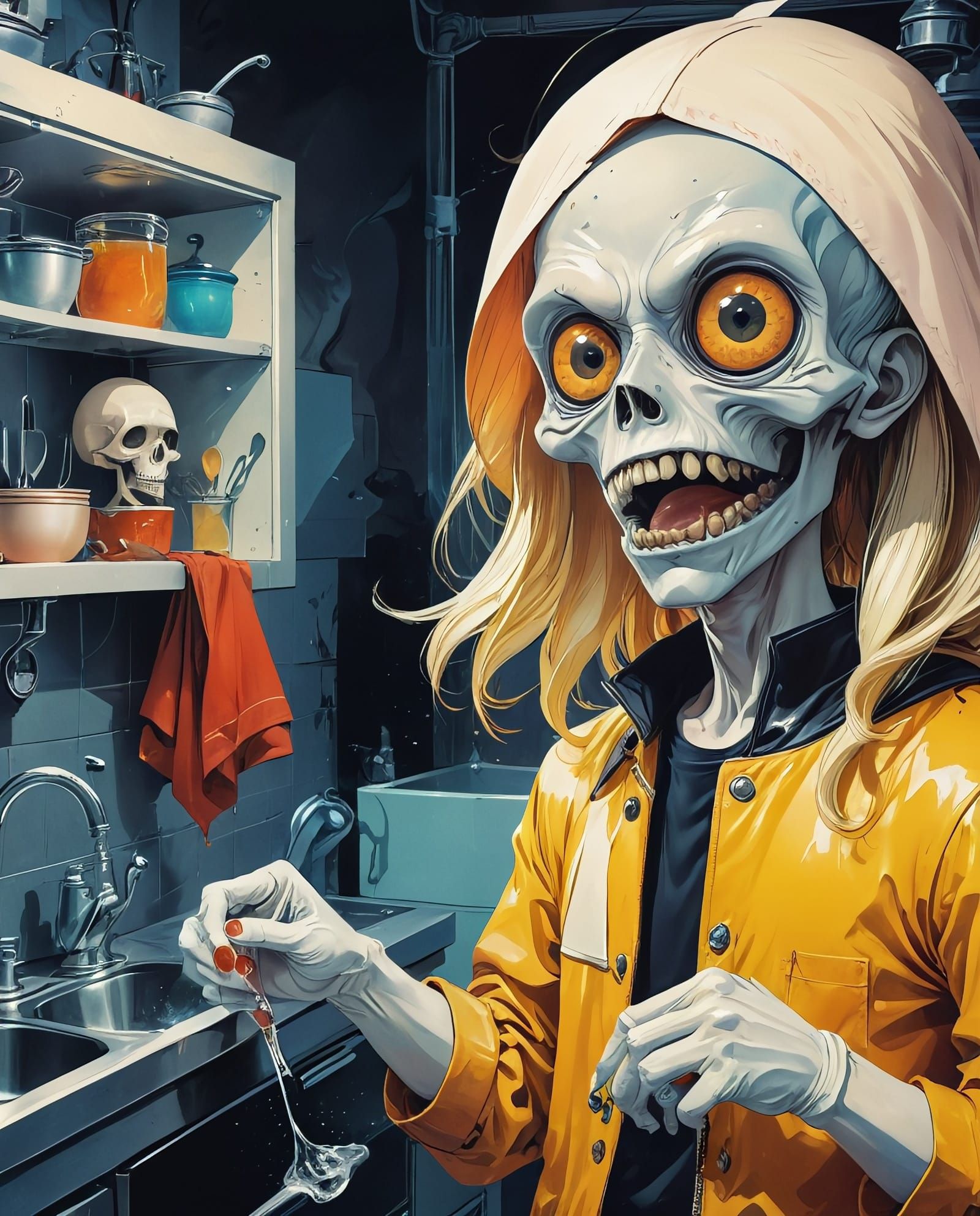 Happy Skeleton Doing Chores