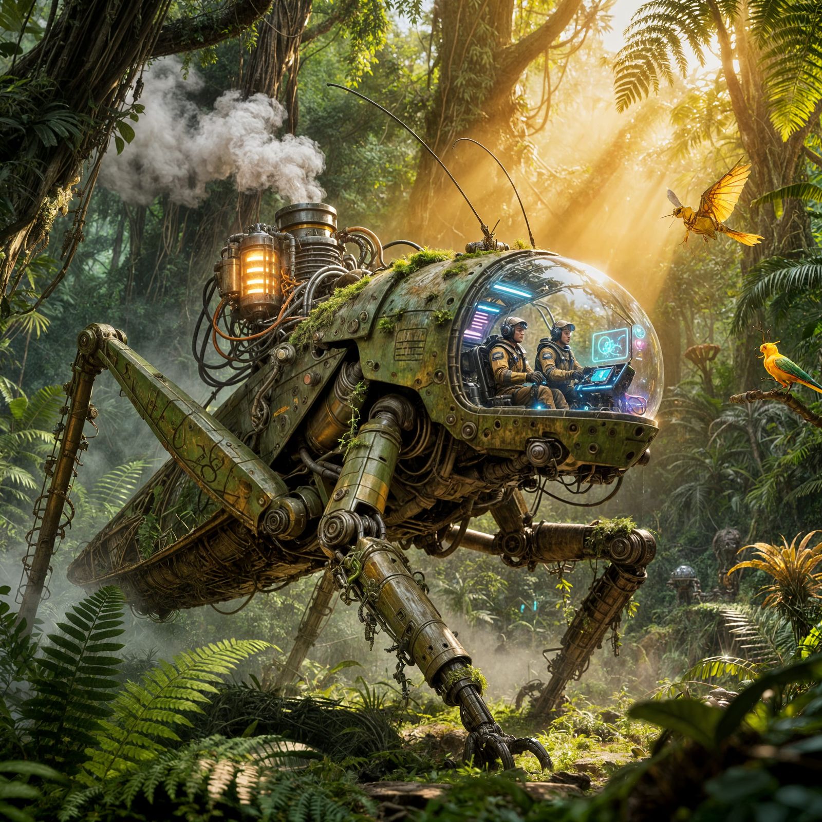 A breathtaking sci-fi jungle scene featuring a colossal mechanical grasshopper-like walker moving carefully ...  by @Zacharo