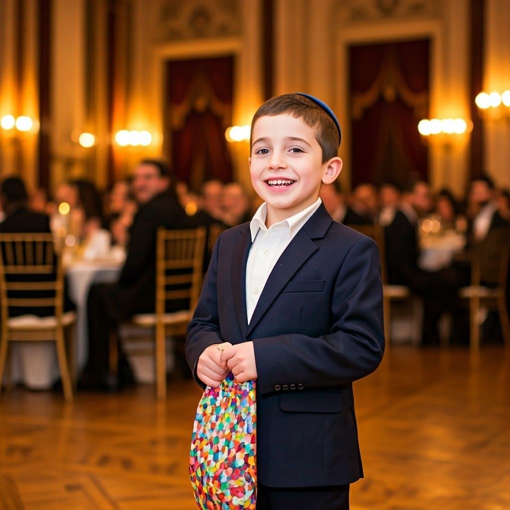 Joyful Hasidic Boy at Grand Wedding Reception