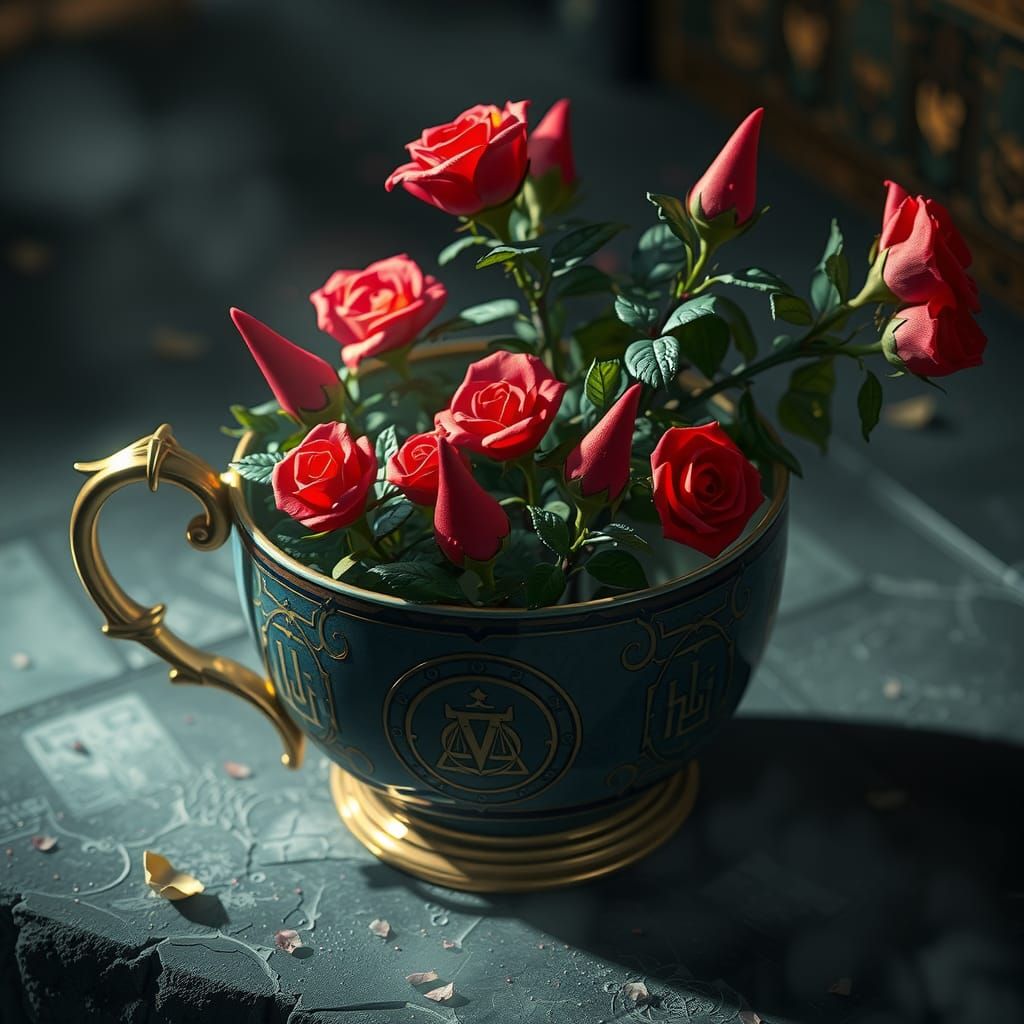 tea cup with a rose garden in the cup with gnomes tending th...