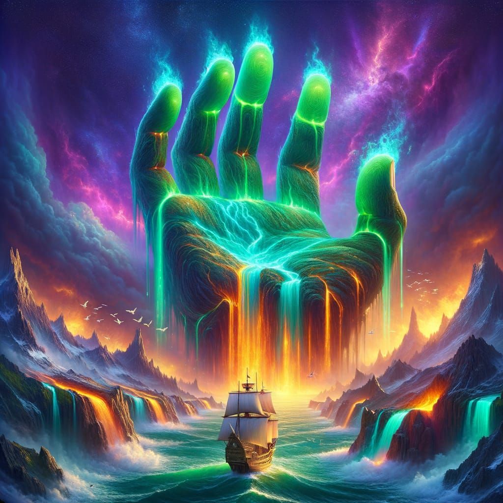 A surreal fantasy digital artwork of a colossal hand-shaped island rising from the ocean. The fingers are carved mountains with glowing rive...