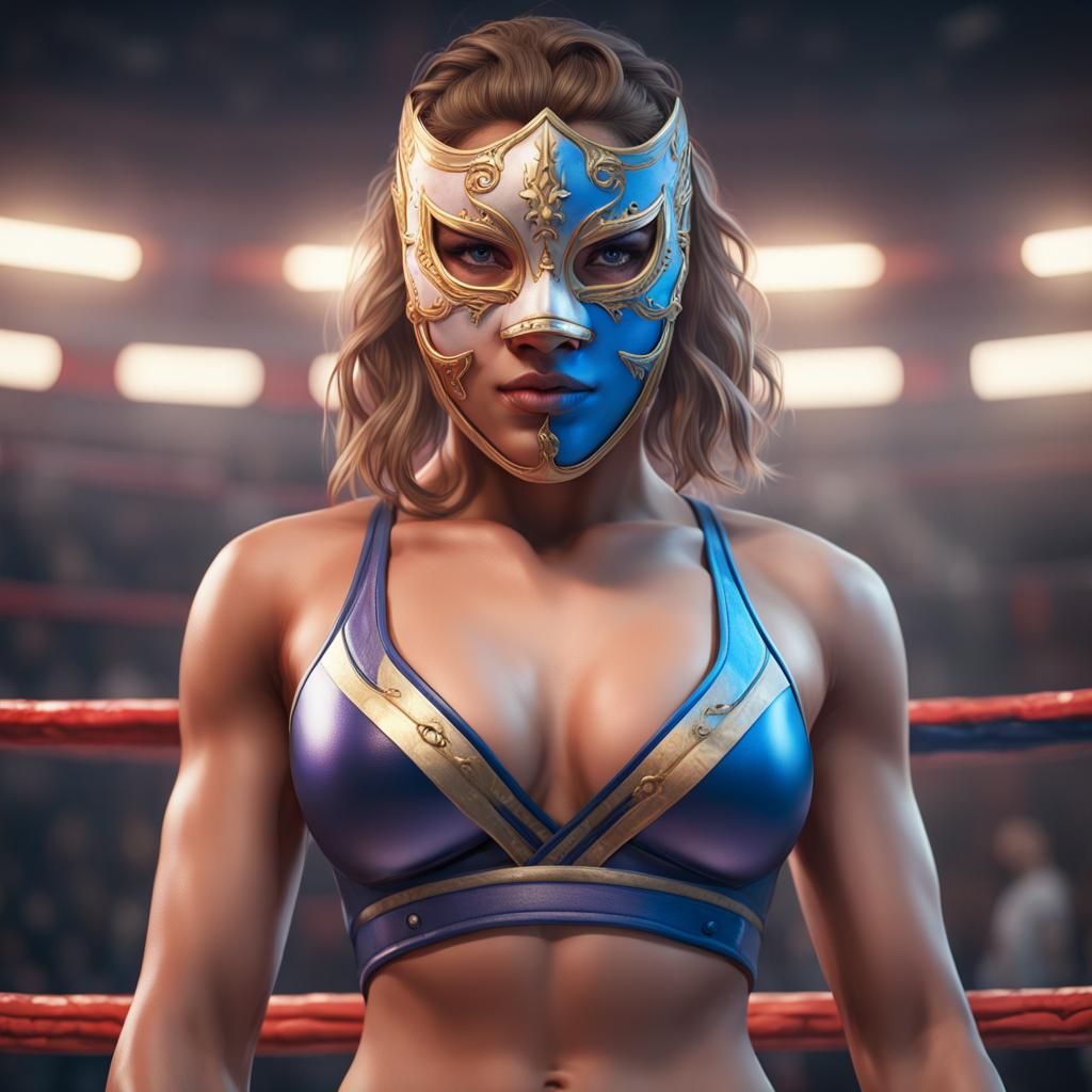 Female wrestler wearing carneval mask