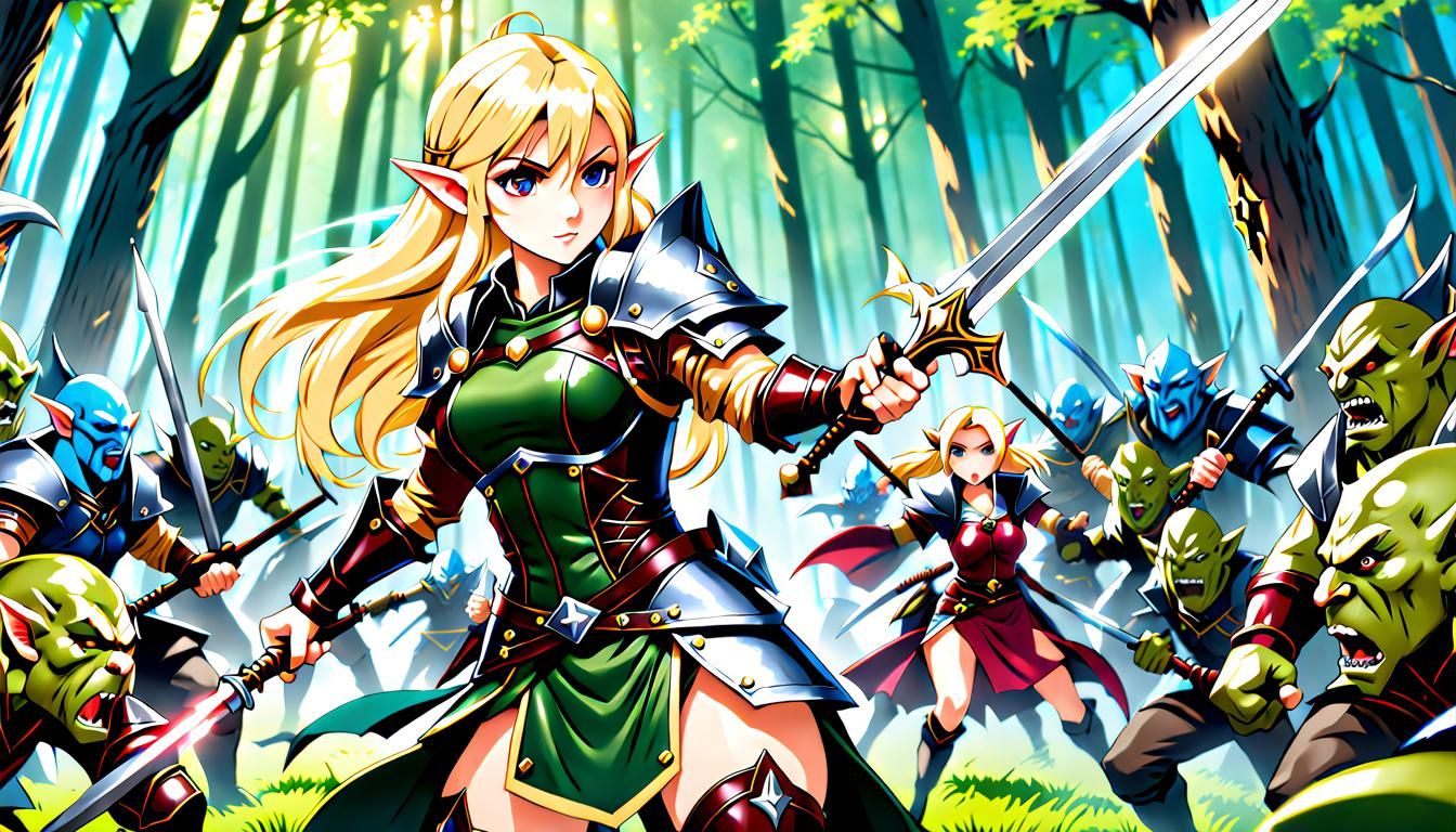 Japanese Manga style, A blonde Elf in leather armour, fighti...
