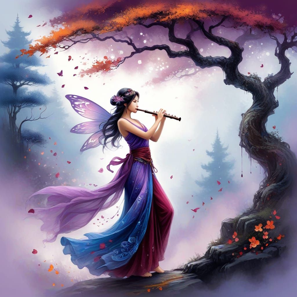 A beautiful fairy with a flowing purple dress