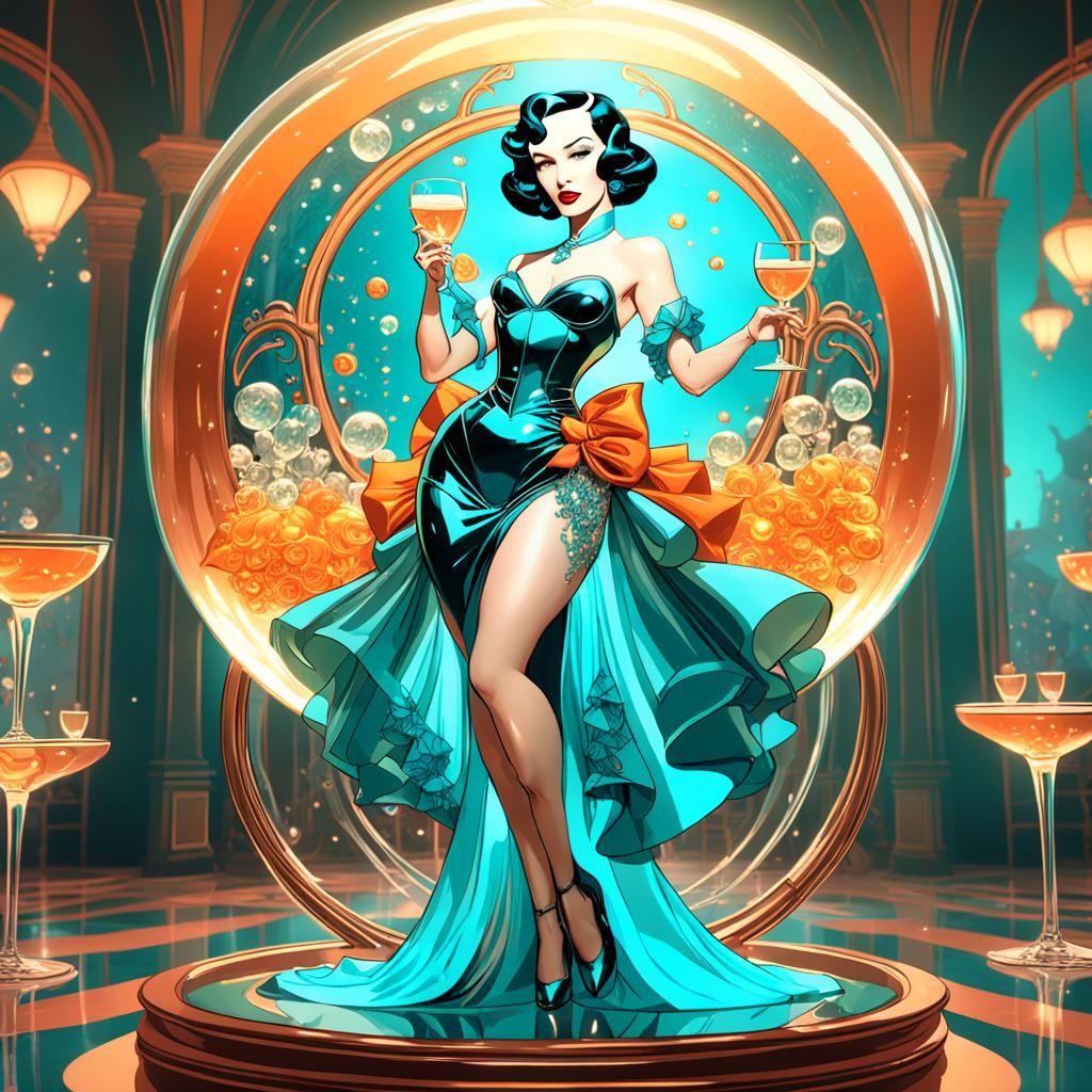 Beautiful burlesque dancer, styled like Dita Von Teese, in a...