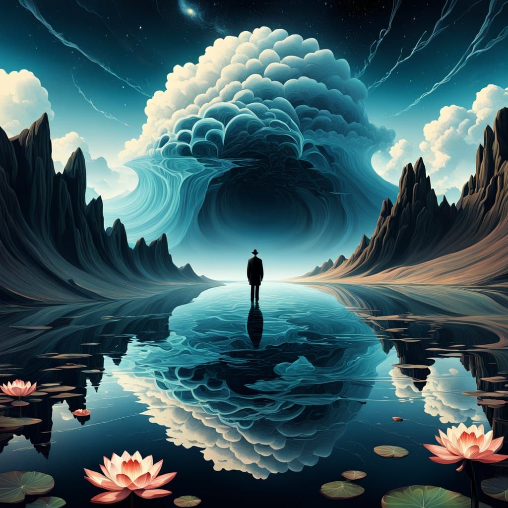Surrealism. Medium shot. A lone figure stands on the shore of a vast, alien lake under a sky filled with ...  by @Andy Does AI