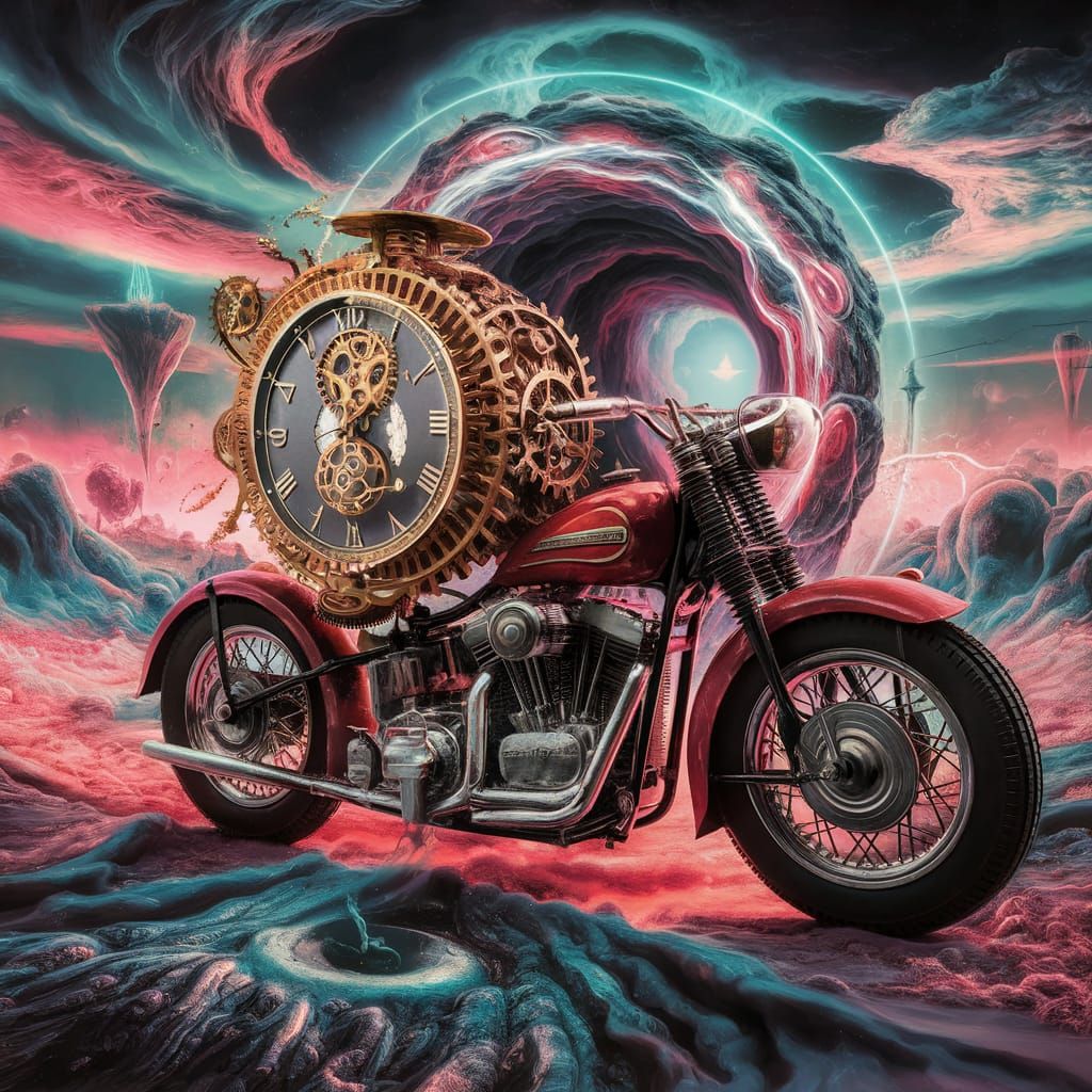 a creation that has a illusion of a clock and a motor cycle and a wormhole portal 