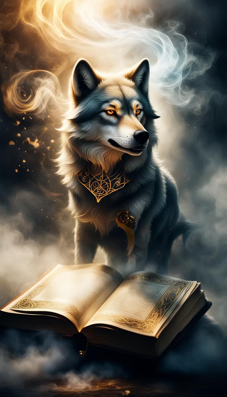 An open magic book with a wolf rising like smoke from its pages in a swirl of mystical light