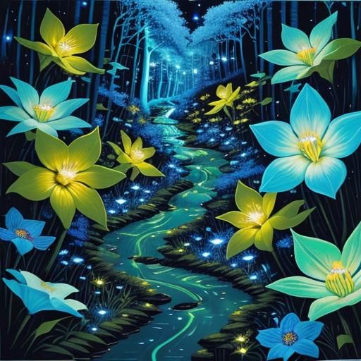 A painting of a winding stream running through a forest with...