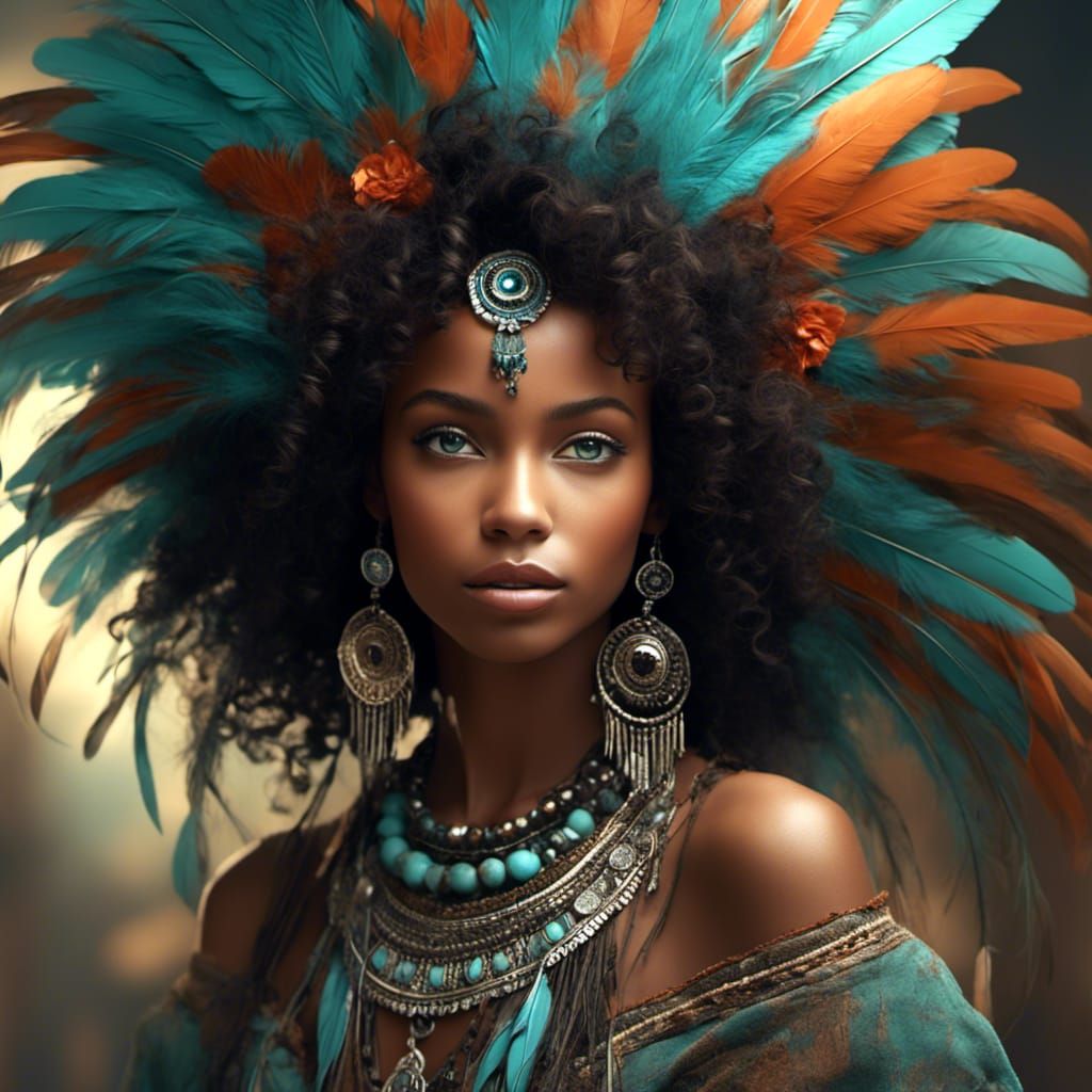 lovely, black young woman, turquoise eyes, feathers <lora:Double Detailer V1:1.0> 
