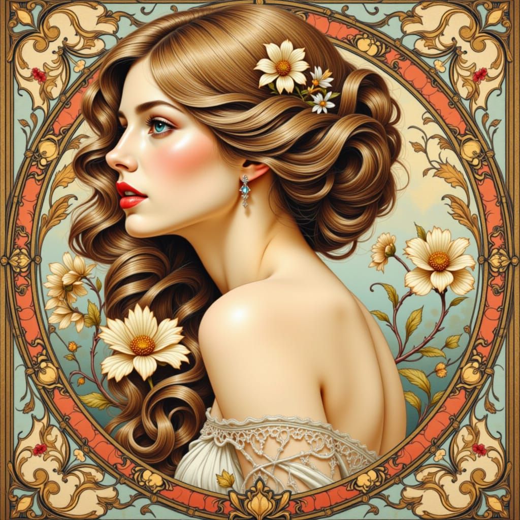 Art Nouveau Woman with Floral Motifs in Muted Gold