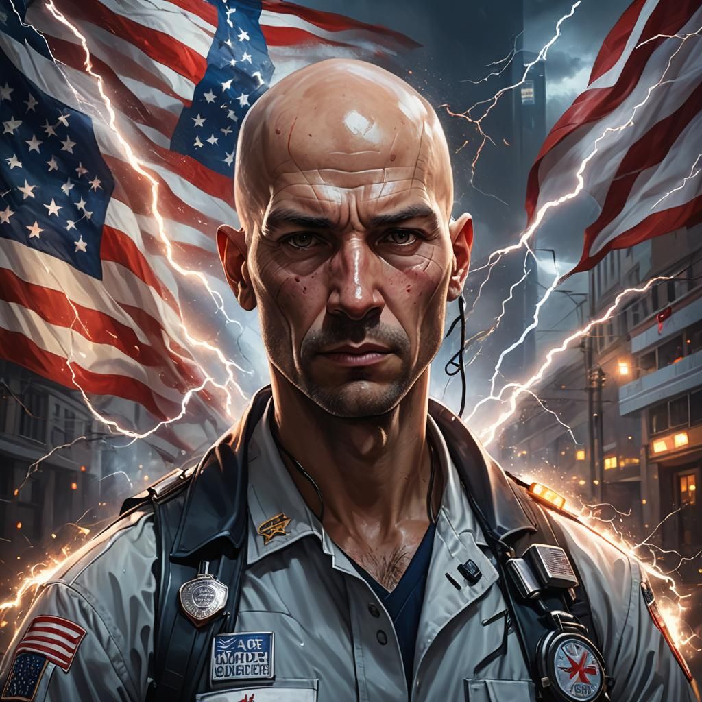 Bald headed EMT, Ambulance, flashing lights, lightning, American flag ...