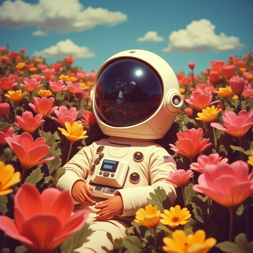 <lora:Pink Room Flux:1.0>
<lora:No Coffee 4 Androids:1.0>
Surreal scene from a candid 70s Technicolor sitcom.
An astronaut lying in a garden...