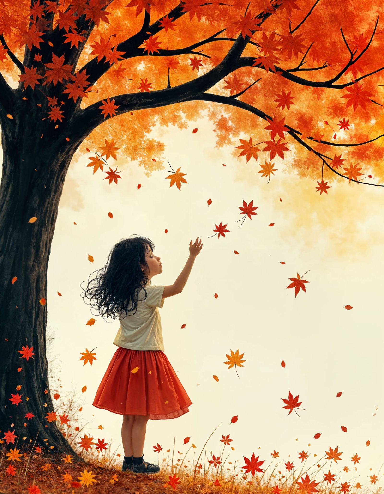 Girl Catches Autumn Rain in Illustrative Style