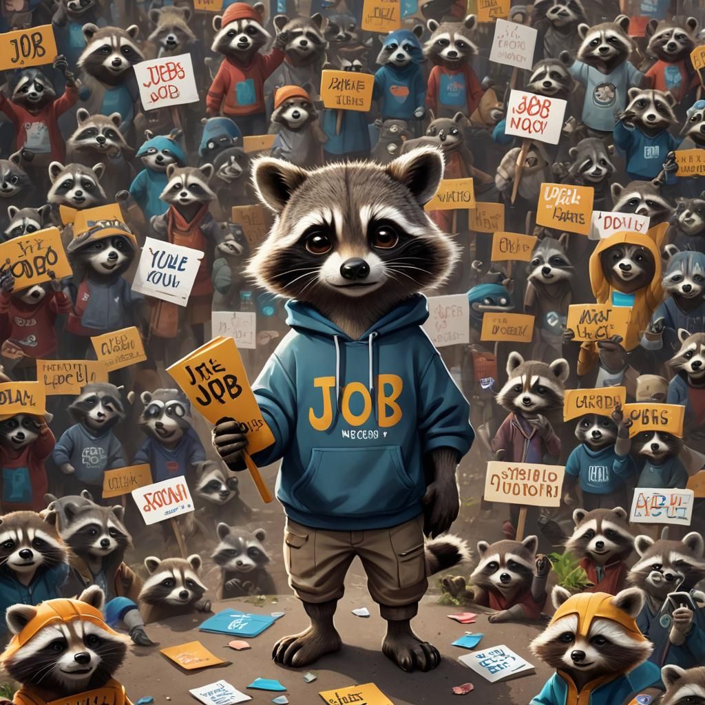 A cute raccoon in a sweatshirt holds a sign in the middle of...