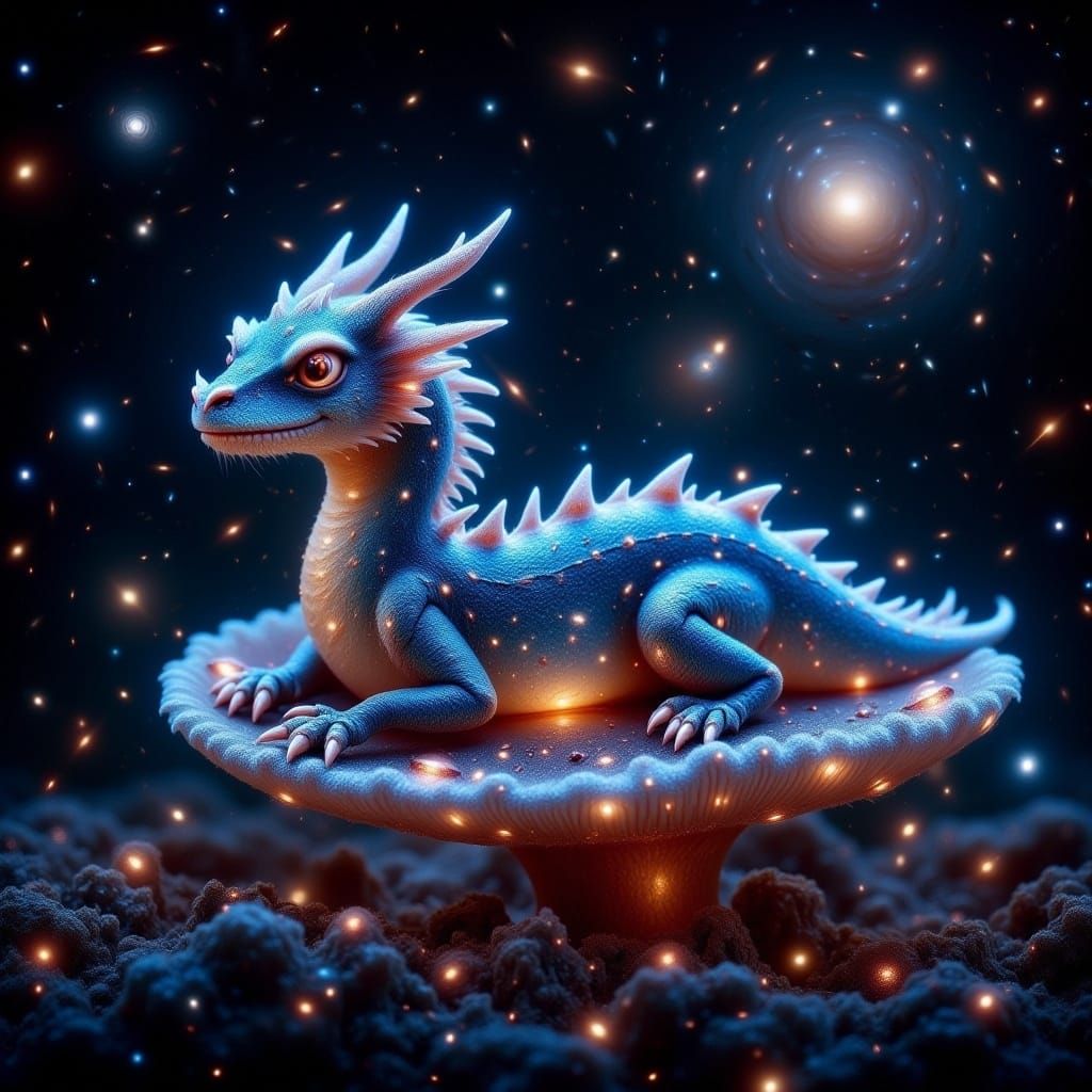<lora:-Laniakea-:1.0> a chibi dragon lying on a bioluminescent mushroom