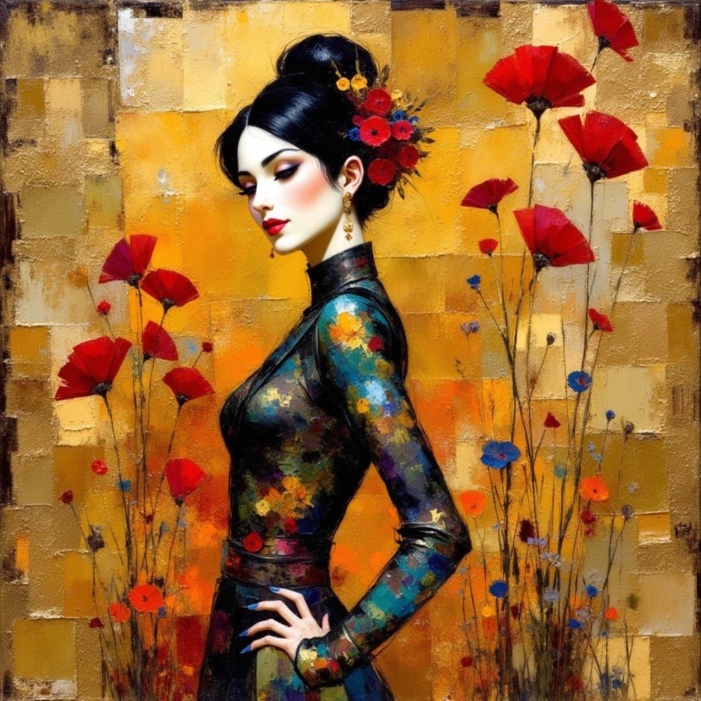 Forest goddess, gold, crimson and autumn hues, by Erte, Richard Burlet <lora:Earth and impression:1.0>