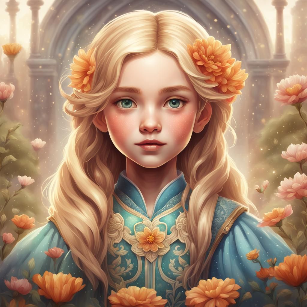 a cute girl, hair venetian blond, flower, smooth soft skin, symmetrical ...