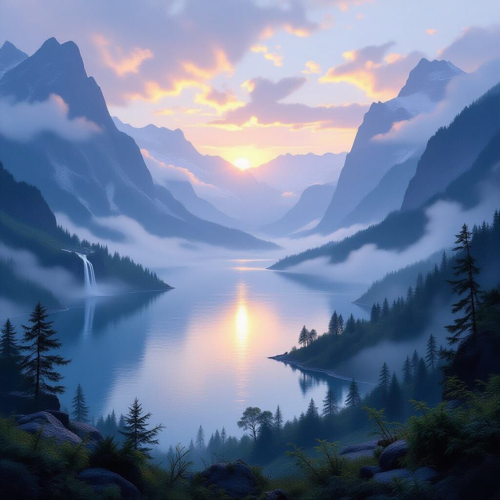 Misty Prehistoric Lake Valley at Dawn Fantasy Matte Painting