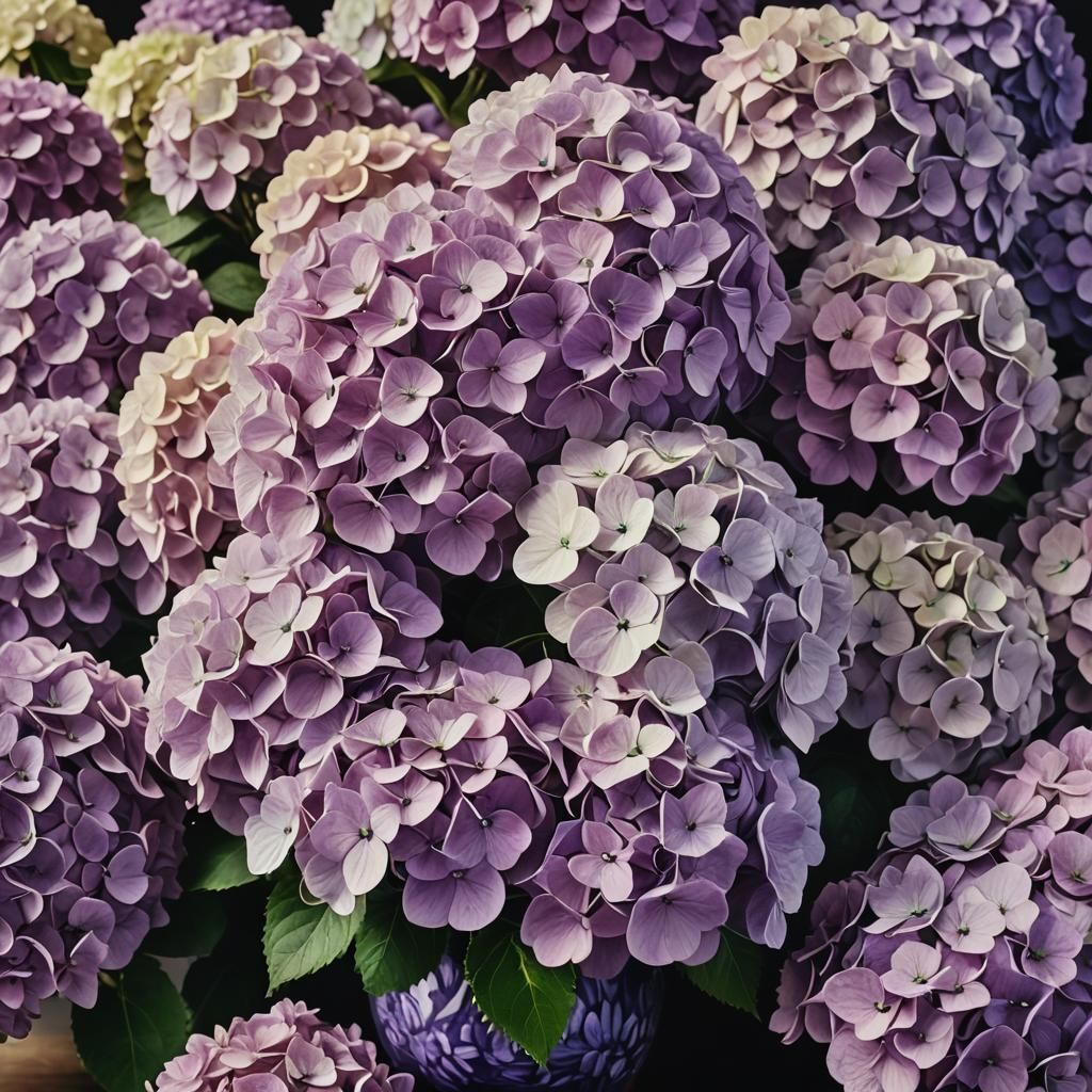 hyperdetailed photo of a vase full of hydrangeas in purple c...