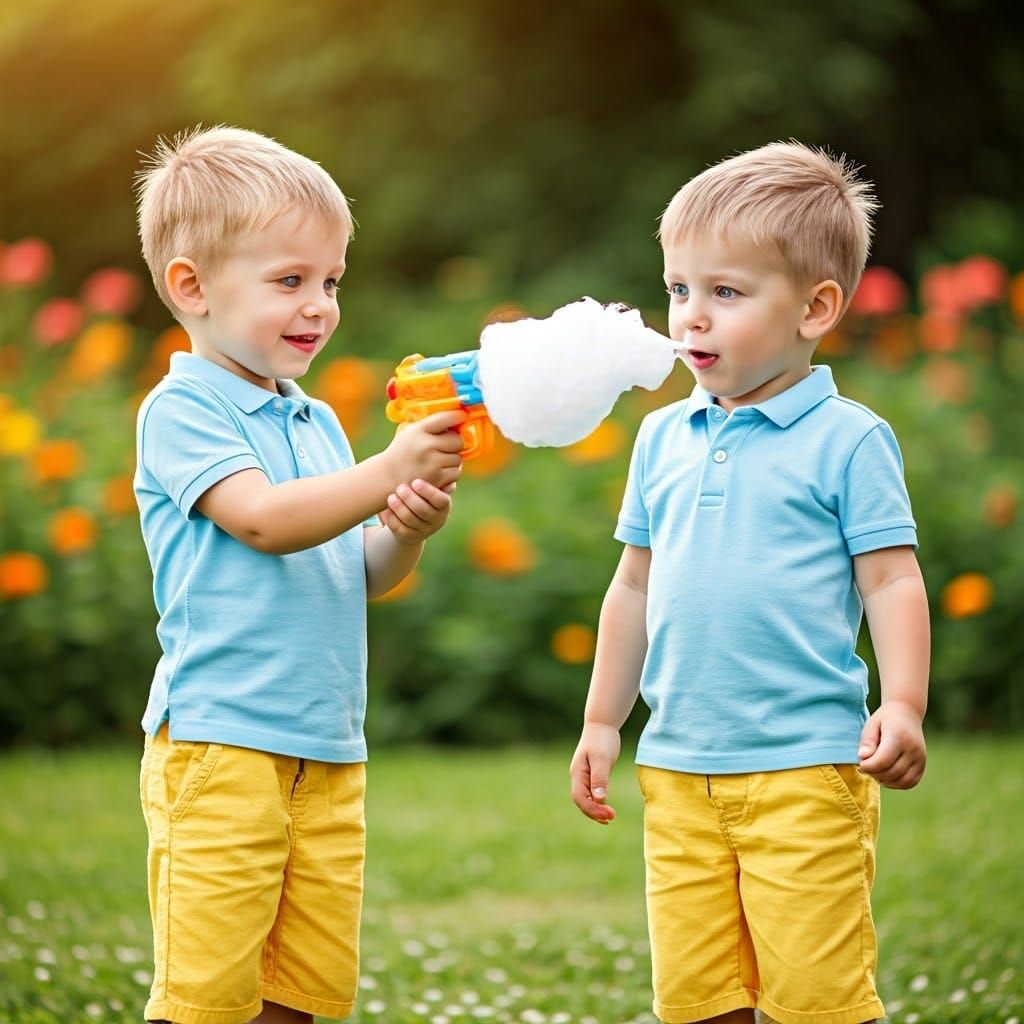 Twin Boys Play in Vibrant Garden