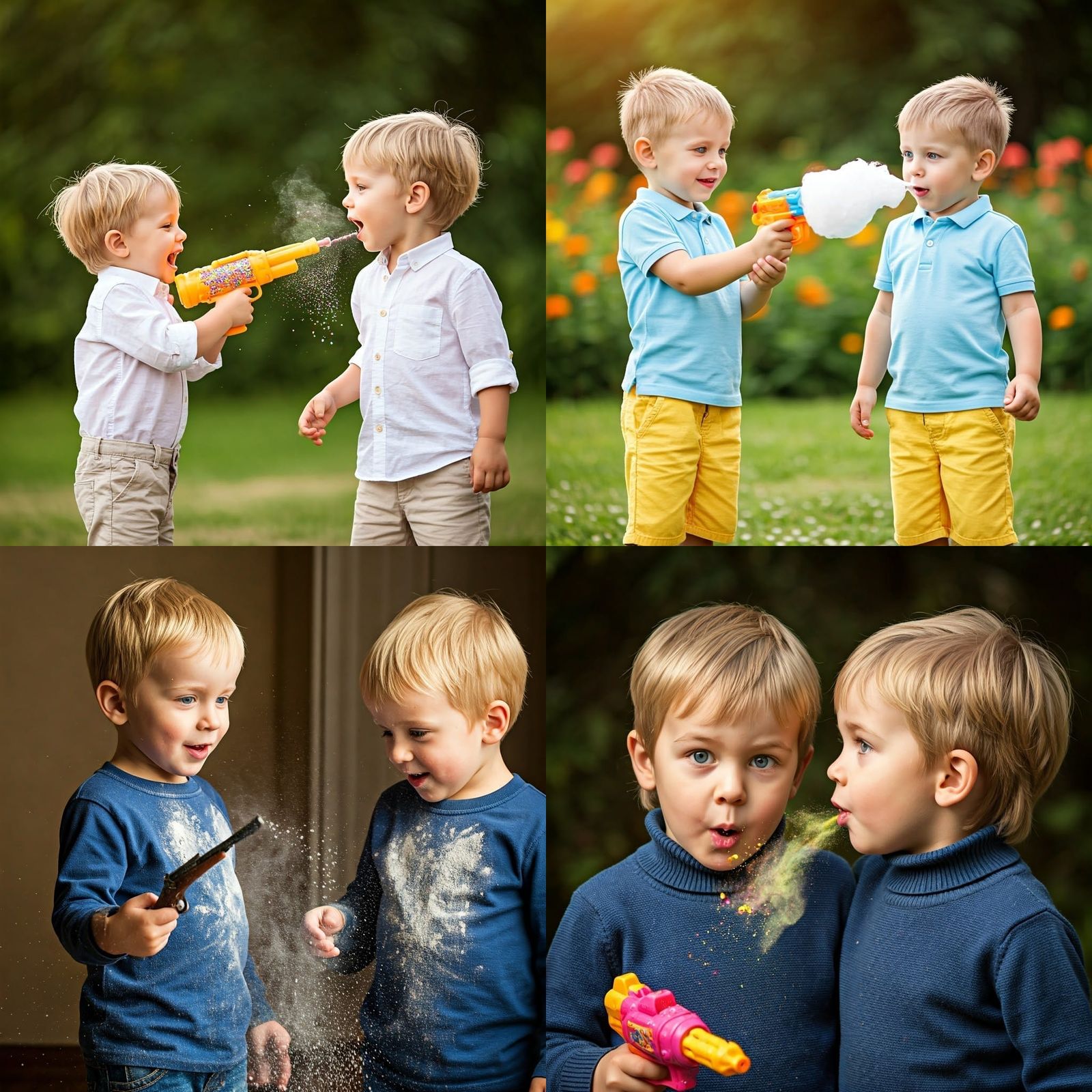 Two Blond Boys Engage in Playful Target Practice with Candy