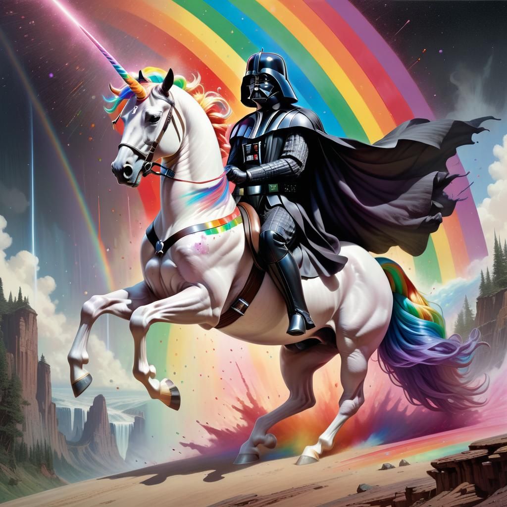 Darth Vader riding a rainbow coloured unicorn  by @Sonelis