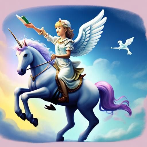 Angel riding on a unicorn reading a book