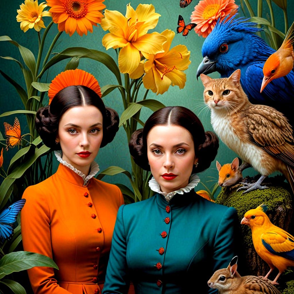 Ethereal Portrait of a Lady Amidst Whimsical Creatures in Vi...