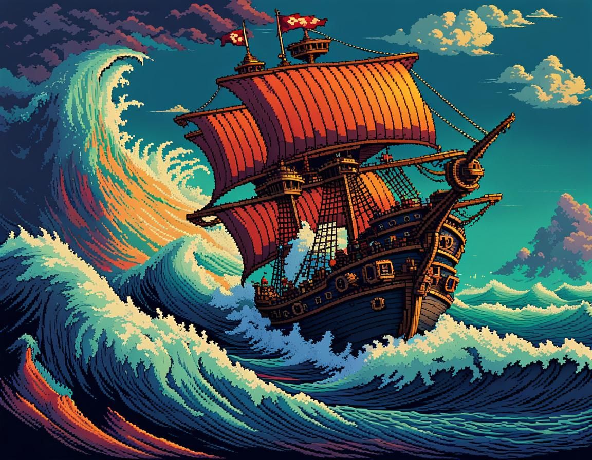 Pixelated Ship on a Stormy Sea  by @Lady Anne