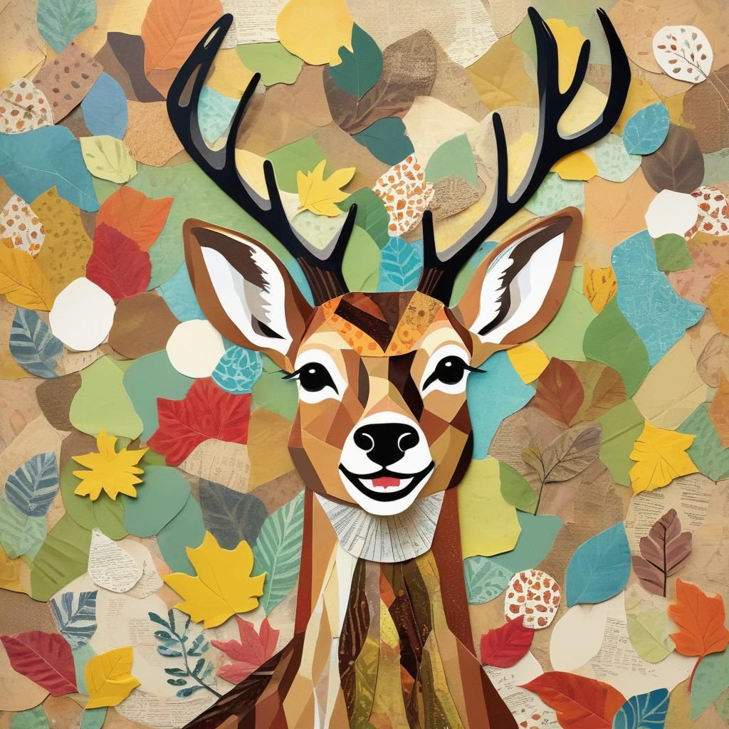 fall paper collage art about a smiling deer