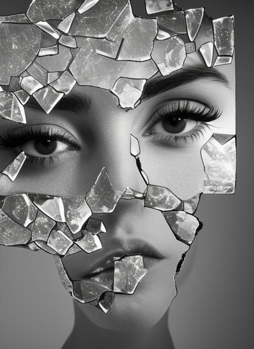 A woman's face reflected in mirror shards. Photograph. Sharp focus ...