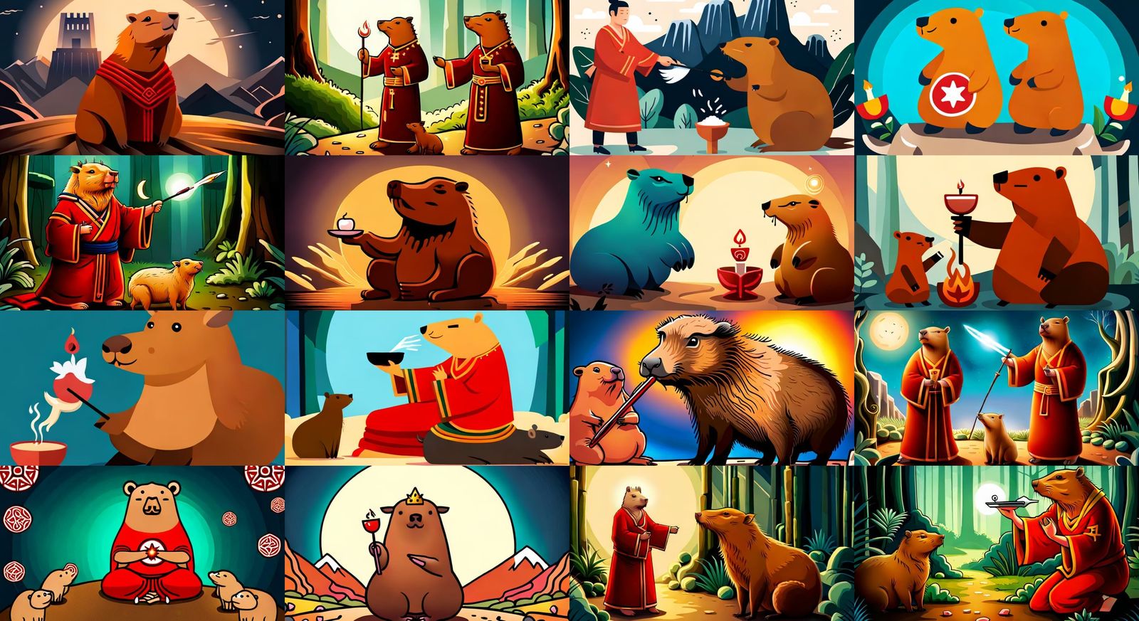 "Create an image featuring a deity Capybara and a cultist wo...