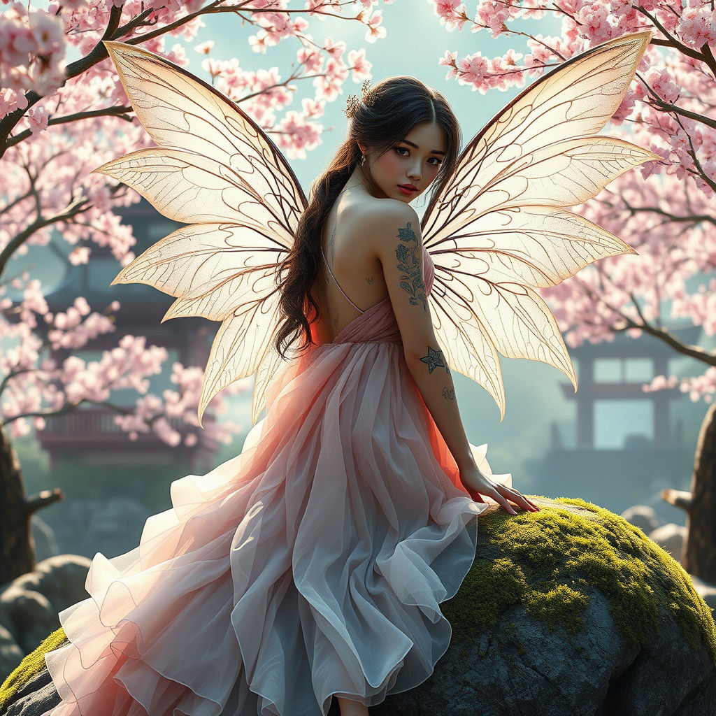 Extremely Beautiful cherry blossom fairy wearing chiffon dre...