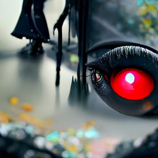 a girl dressed in all black with red eyes