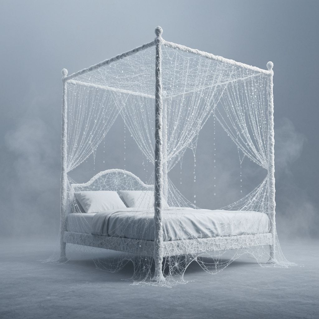 Four-poster bed made of spiderwebs  by @PattyChan