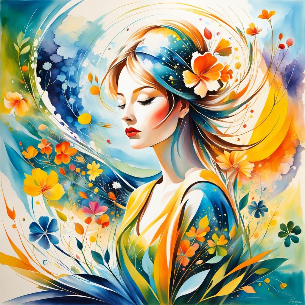 Portrait of a woman in the wind - watercolor painting