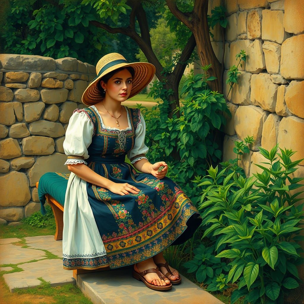 Young Israeli Woman in Traditional Dress, Surrounded by Anci...