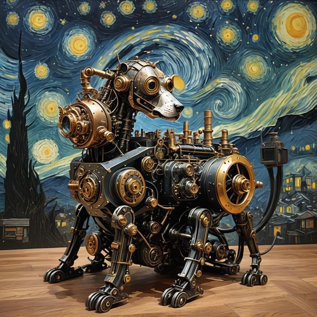 Cyborg pet at art gallery admiring famous painting Starry Ni...