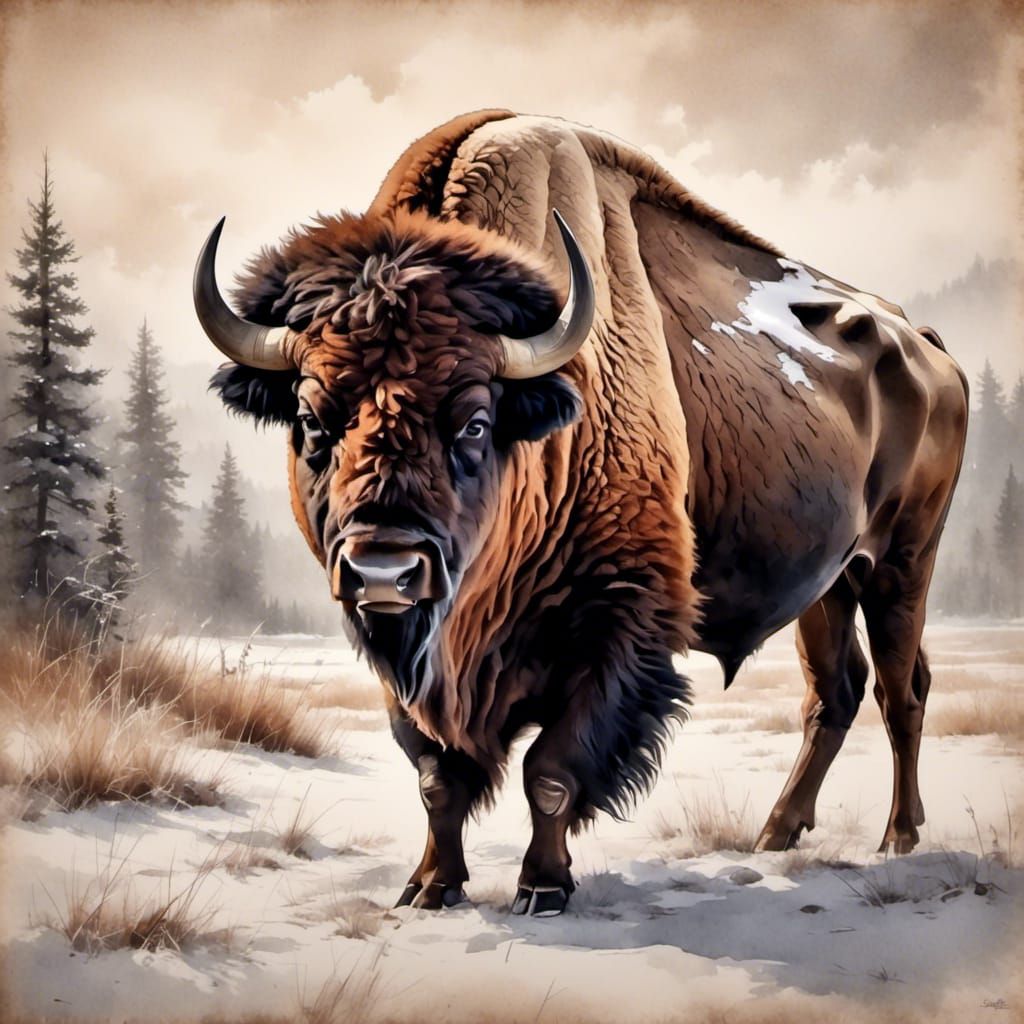 <lora:sMOre:1.0> A bison in winter